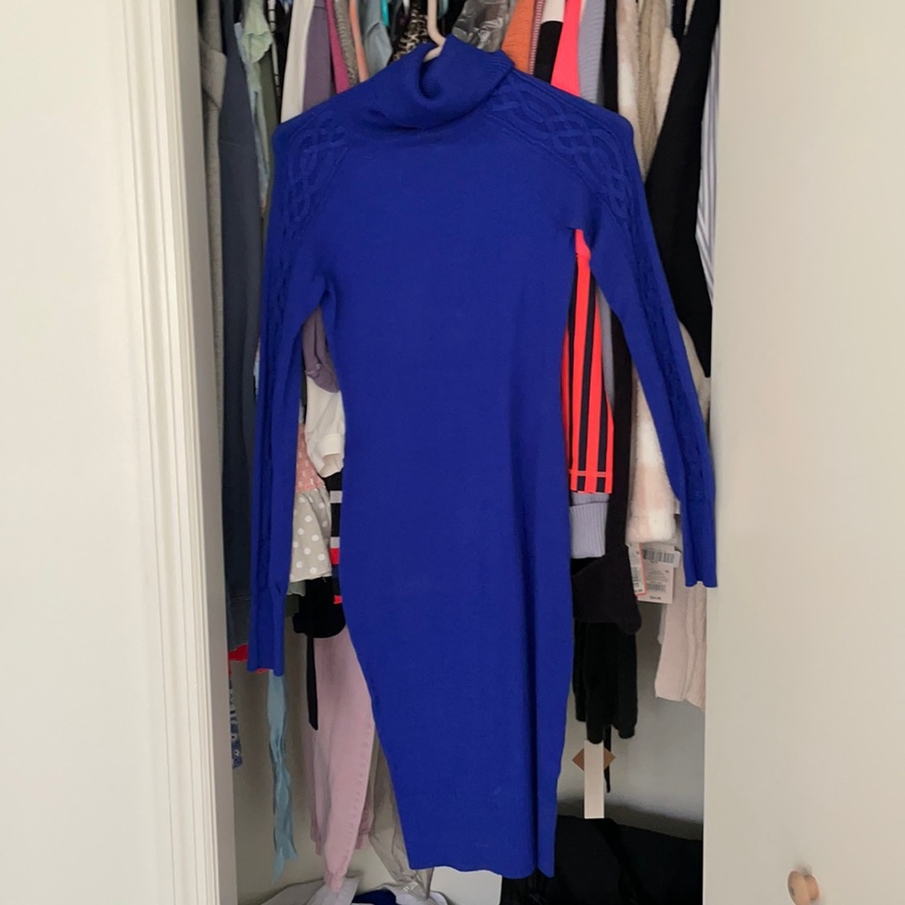 Blue turtle neck long sleeve midi dress